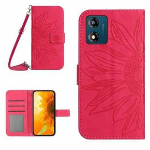 For Motorola Moto E13 4G HT04 Skin Feel Sun Flower Embossed Flip Leather Phone Case with Lanyard(Rose Red)