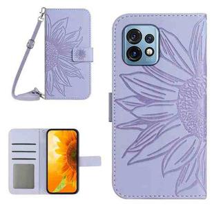 For Motorola Edge+ 2023 HT04 Skin Feel Sun Flower Embossed Flip Leather Phone Case with Lanyard(Purple)