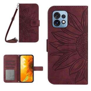 For Motorola Edge+ 2023 HT04 Skin Feel Sun Flower Embossed Flip Leather Phone Case with Lanyard(Wine Red)