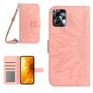 For Motorola Moto G23 4G/G13 4G HT04 Skin Feel Sun Flower Embossed Flip Leather Phone Case with Lanyard(Pink)