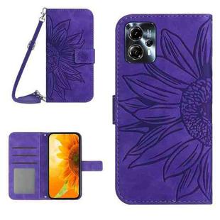 For Motorola Moto G23 4G/G13 4G HT04 Skin Feel Sun Flower Embossed Flip Leather Phone Case with Lanyard(Dark Purple)