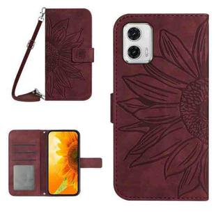For Motorola Moto G73 5G HT04 Skin Feel Sun Flower Embossed Flip Leather Phone Case with Lanyard(Wine Red)