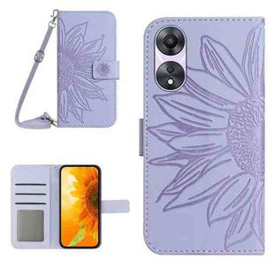 For OPPO A58 5G/A78 5G HT04 Skin Feel Sun Flower Embossed Flip Leather Phone Case with Lanyard(Purple)