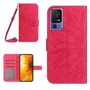 For TCL 40 SE HT04 Skin Feel Sun Flower Embossed Flip Leather Phone Case with Lanyard(Rose Red)