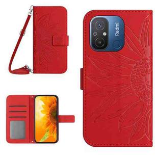 For Xiaomi Redmi 11A 4G HT04 Skin Feel Sun Flower Embossed Flip Leather Phone Case with Lanyard(Red)