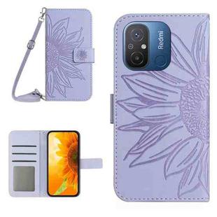 For Xiaomi Redmi 11A 4G HT04 Skin Feel Sun Flower Embossed Flip Leather Phone Case with Lanyard(Purple)