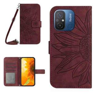 For Xiaomi Redmi 11A 4G HT04 Skin Feel Sun Flower Embossed Flip Leather Phone Case with Lanyard(Wine Red)