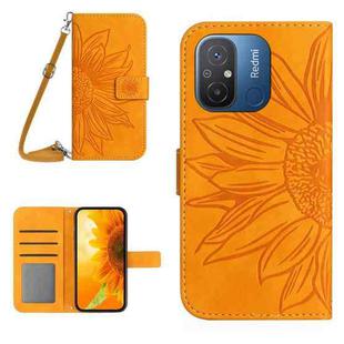 For Xiaomi Redmi 11A 4G HT04 Skin Feel Sun Flower Embossed Flip Leather Phone Case with Lanyard(Yellow)