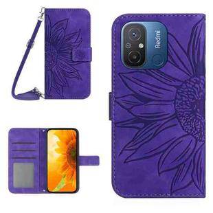 For Xiaomi Redmi 11A 4G HT04 Skin Feel Sun Flower Embossed Flip Leather Phone Case with Lanyard(Dark Purple)