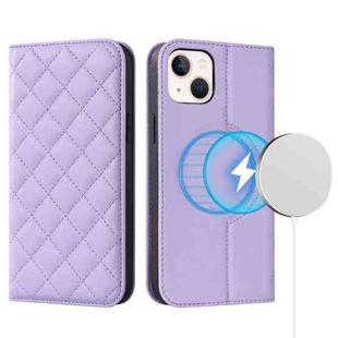 For iPhone 14 Rhombic MagSafe RFID Anti-Theft Wallet Leather Phone Case(Purple)