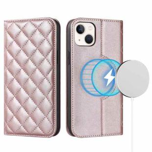 For iPhone 14 Plus Rhombic MagSafe RFID Anti-Theft Wallet Leather Phone Case(Rose Gold)