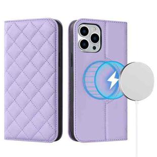 For iPhone 14 Pro Rhombic MagSafe RFID Anti-Theft Wallet Leather Phone Case(Purple)