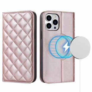 For iPhone 13 Pro Rhombic MagSafe RFID Anti-Theft Wallet Leather Phone Case(Rose Gold)