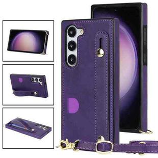 For Samsung Galaxy S23 5G Cross-body Wristband Holder Square Phone Case(Purple)