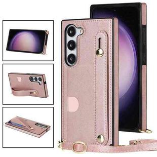 For Samsung Galaxy S23 5G Cross-body Wristband Holder Square Phone Case(Rose Gold)