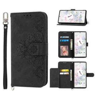 For Google Pixel 7A Skin-feel Flowers Embossed Wallet Leather Phone Case(Black)