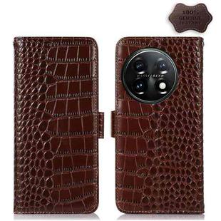 For OnePlus 11 5G Crocodile Top Layer Cowhide RFID Leather Phone Case(Brown)