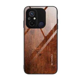 For Xiaomi Redmi 12C Wood Grain Glass Phone Case(Dark Brown)