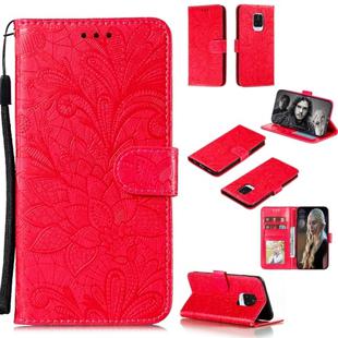 For Xiaomi Redmi Note 9 Pro Lace Flower Embossing Pattern Horizontal Flip Leather Case , with Holder & Card Slots & Wallet & Photo Frame & Lanyard(Red)