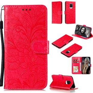 For Xiaomi Redmi Note 9S Lace Flower Embossing Pattern Horizontal Flip Leather Case , with Holder & Card Slots & Wallet & Photo Frame & Lanyard(Red)