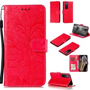 For Huawei Nova 7 Lace Flower Embossing Pattern Horizontal Flip Leather Case , with Holder & Card Slots & Wallet & Photo Frame & Lanyard(Red)