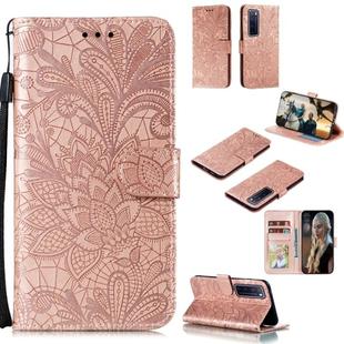 For Huawei Nova 7 Pro Lace Flower Embossing Pattern Horizontal Flip Leather Case , with Holder & Card Slots & Wallet & Photo Frame & Lanyard(Rose Gold)