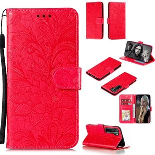 For Huawei Nova 7 SE Lace Flower Embossing Pattern Horizontal Flip Leather Case , with Holder & Card Slots & Wallet & Photo Frame & Lanyard(Red)