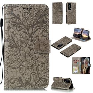 For Huawei P40 Pro Plus Lace Flower Embossing Pattern Horizontal Flip Leather Case , with Holder & Card Slots & Wallet & Photo Frame & Lanyard(Grey)