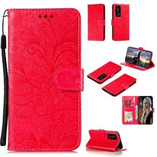 For Huawei P40 Pro Plus Lace Flower Embossing Pattern Horizontal Flip Leather Case , with Holder & Card Slots & Wallet & Photo Frame & Lanyard(Red)