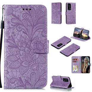 For Huawei P40 Pro Plus Lace Flower Embossing Pattern Horizontal Flip Leather Case , with Holder & Card Slots & Wallet & Photo Frame & Lanyard(Purple)