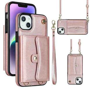 For iPhone 14 / 13 RFID Card Slot Phone Case with Long Lanyard(Rose Gold)