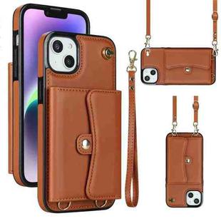 For iPhone 14 / 13 RFID Card Slot Phone Case with Long Lanyard(Brown)