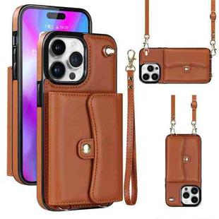 For iPhone 14 Pro Max RFID Card Slot Phone Case with Long Lanyard(Brown)