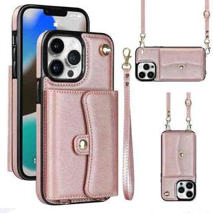 For iPhone 13 Pro Max RFID Card Slot Phone Case with Long Lanyard(Rose Gold)