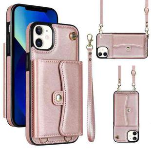 For iPhone 12 RFID Card Slot Phone Case with Long Lanyard(Rose Gold)