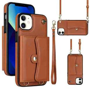 For iPhone 12 RFID Card Slot Phone Case with Long Lanyard(Brown)