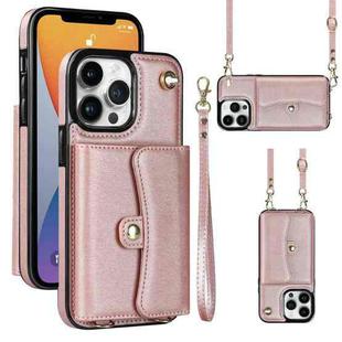 For iPhone 12 Pro RFID Card Slot Phone Case with Long Lanyard(Rose Gold)