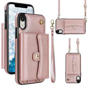 For iPhone XR RFID Card Slot Phone Case with Long Lanyard(Rose Gold)