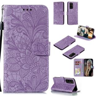 For Huawei Honor 30 Pro Lace Flower Embossing Pattern Horizontal Flip Leather Case , with Holder & Card Slots & Wallet & Photo Frame & Lanyard(Purple)