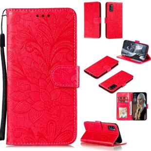 For Galaxy A41 Lace Flower Embossing Pattern Horizontal Flip Leather Case , with Holder & Card Slots & Wallet & Photo Frame & Lanyard(Red)