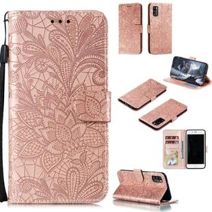 For Galaxy A41 Lace Flower Embossing Pattern Horizontal Flip Leather Case , with Holder & Card Slots & Wallet & Photo Frame & Lanyard(Rose Gold)