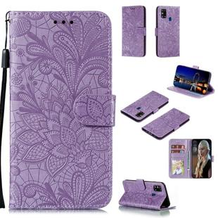 For Galaxy M31 Lace Flower Embossing Pattern Horizontal Flip Leather Case , with Holder & Card Slots & Wallet & Photo Frame & Lanyard(Purple)