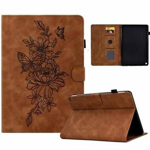 For Amazon Kindle Fire HD10 2021 Peony Butterfly Embossed Leather Smart Tablet Case(Brown)