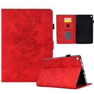 For Amazon Kindle Fire HD8 2018/2017/2016 Peony Butterfly Embossed Leather Smart Tablet Case(Red)