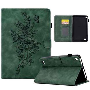 For Amazon Kindle Fire 7 2019/2017/2015 Peony Butterfly Embossed Leather Smart Tablet Case(Green)