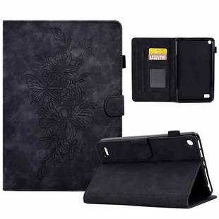 For Amazon Kindle Fire 7 2019/2017/2015 Peony Butterfly Embossed Leather Smart Tablet Case(Black)