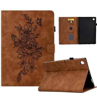 For Samsung Galaxy Tab A8 10.5 2021 X205 Peony Butterfly Embossed Leather Smart Tablet Case(Brown)