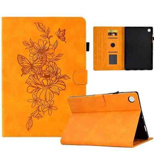 For Lenovo Tab M10 Plus Peony Butterfly Embossed Leather Smart Tablet Case(Khaki)