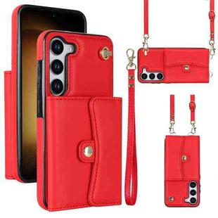 For Samsung Galaxy S23 5G RFID Card Slot Leather Phone Case with Long Lanyard(Red)