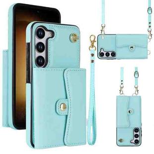 For Samsung Galaxy S23 5G RFID Card Slot Leather Phone Case with Long Lanyard(Mint Green)